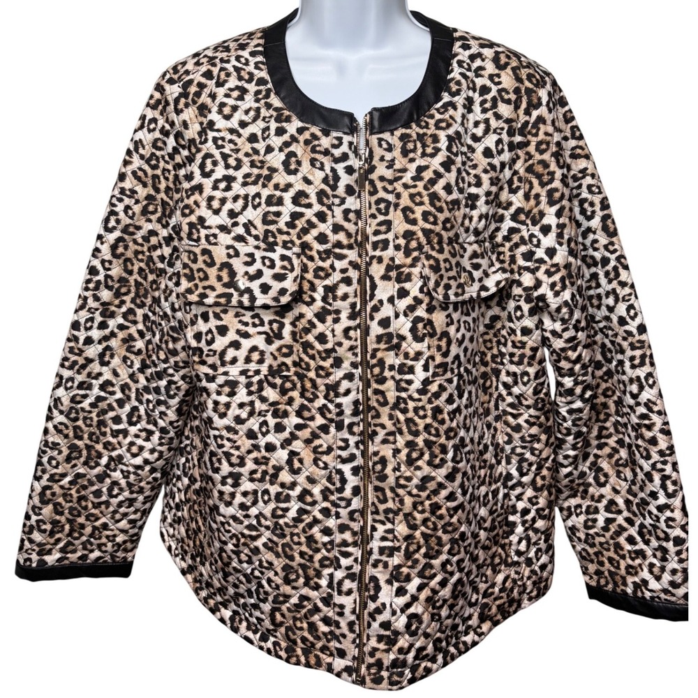 CHICO'S Womens Brown Leopard Quilted Zip Jacket Sz 2/L Animalier Mob Wife Glam